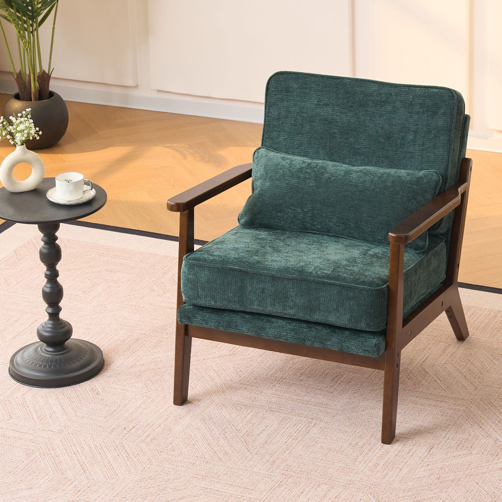 Living Room Chair with Lumbar Pillow and Solid Wood Frame - Dark Gray, Dark Green, Beige