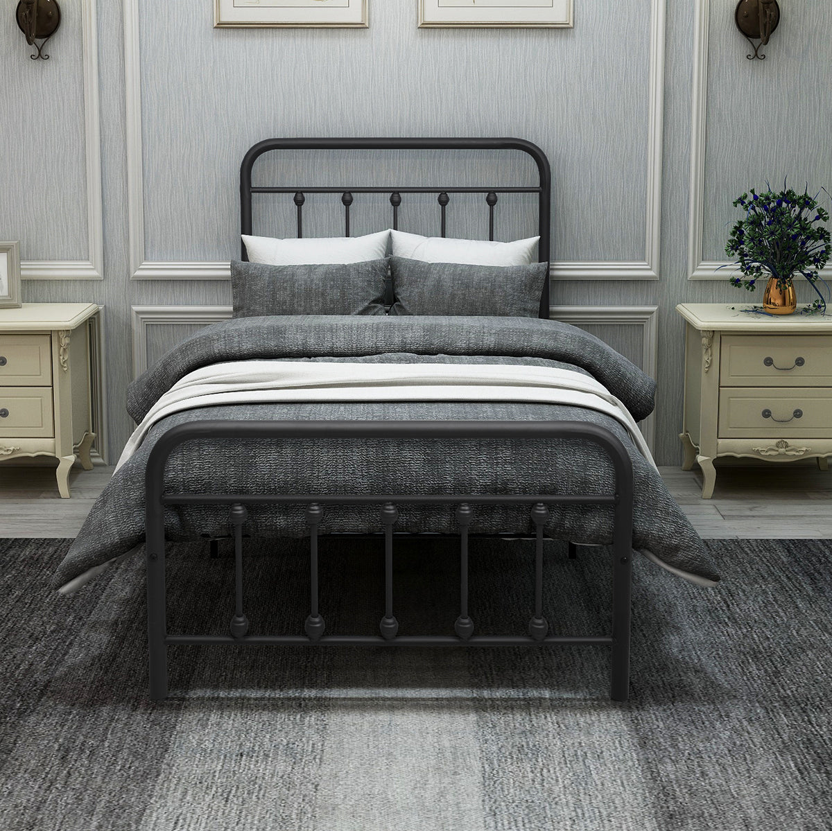 Victorian-Style Steel Bed Frame with Powder-Coated Finish - Black