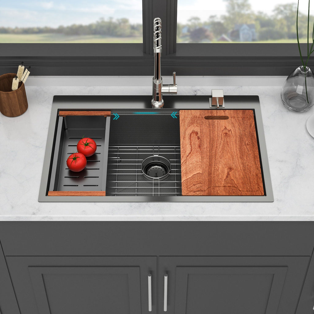 33" Drop In Kitchen Sink with Ledge Workstation - Gunmetal Black