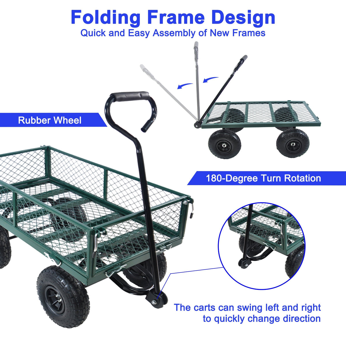 Green Outdoor Wagon Cart with Foldable Steel Frame - 550 lb Capacity