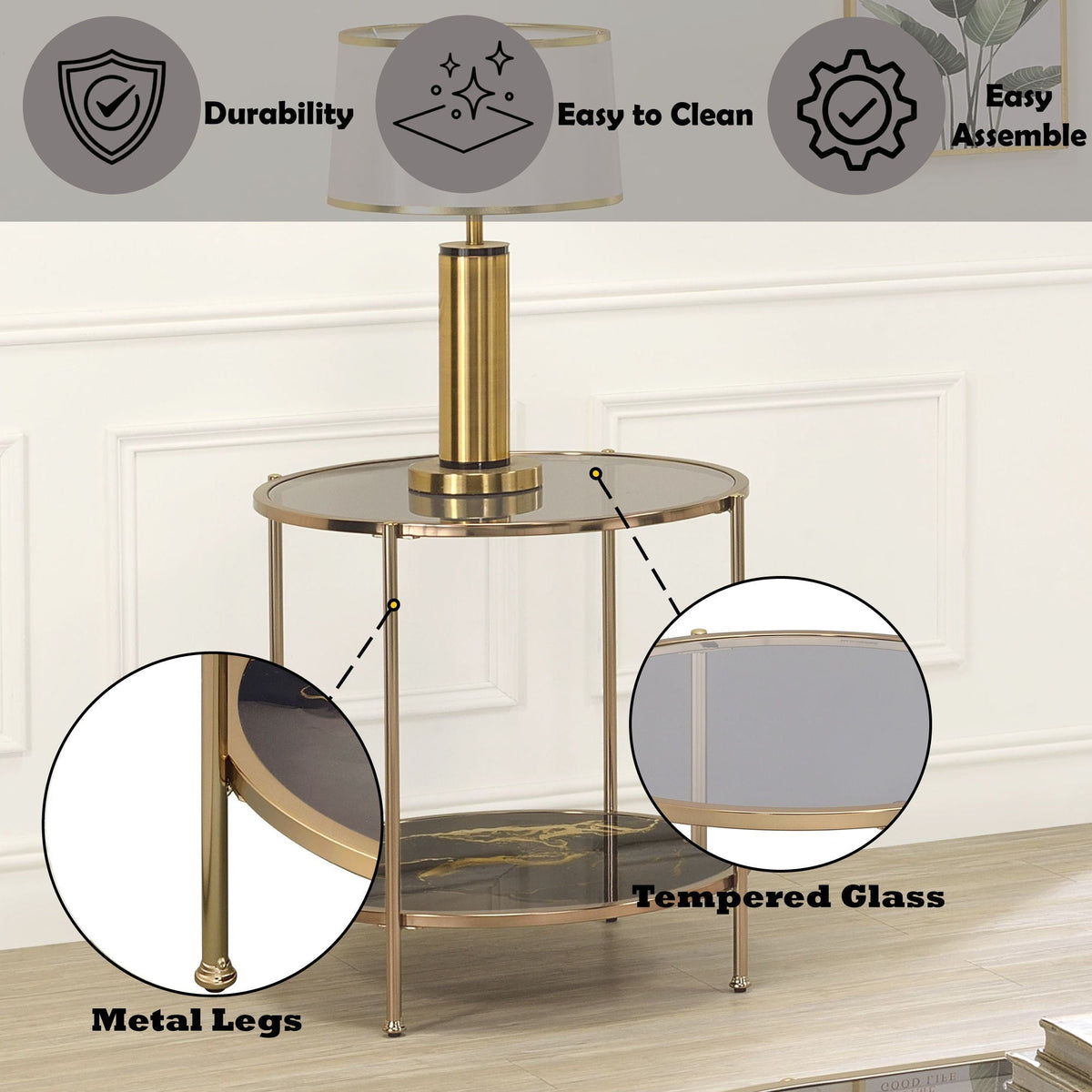 Fiorella Marble Print Glass Table with Durable Metal Frame - Black