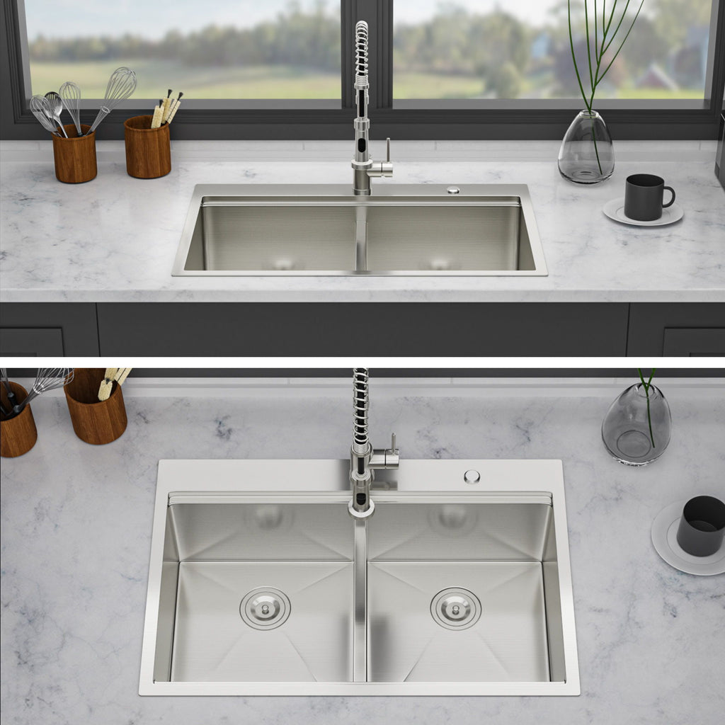 Gray Double Bowl Kitchen Sink with Durable Stainless Steel - Dual Mount