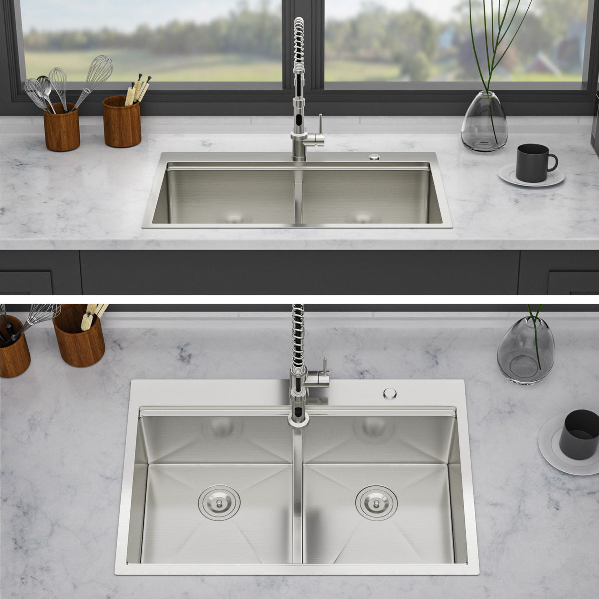 Gray Double Bowl Kitchen Sink with Durable Stainless Steel - Dual Mount