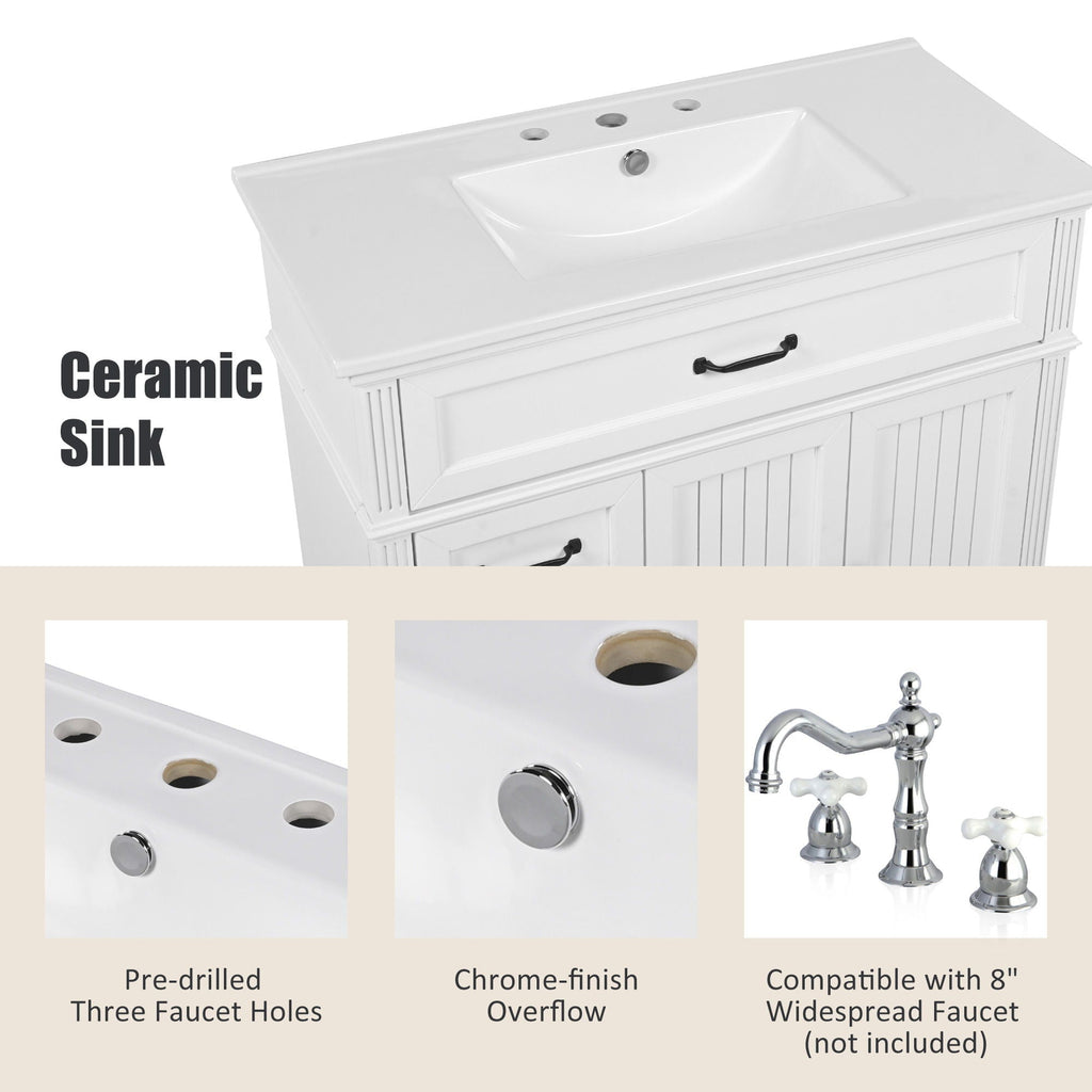 Bathroom Vanity With Sink and Drawers - Freestanding Solid Wood Cabinet