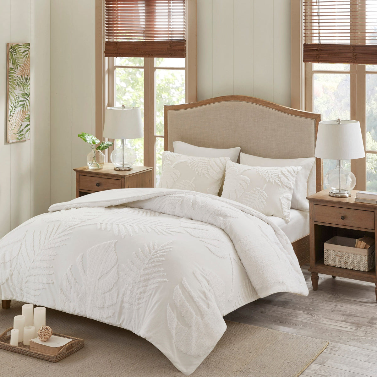 Off-White Tufted Cotton Chenille Palm Comforter Set with Palm Leaf Design - Full/Queen