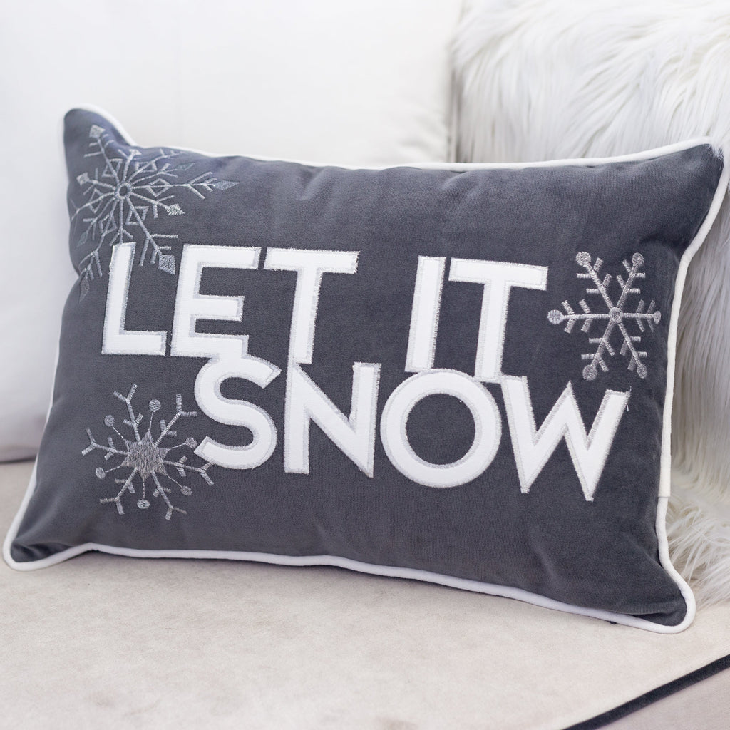 Gray Velvet Lumbar Throw Pillow with Snowflake Embroidery - 14x20