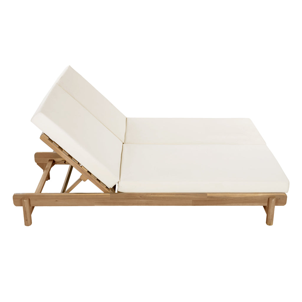 Light Teak Acacia Wood Double Chaise Lounger Set with Adjustable Backrests - Cream