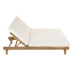 Light Teak Acacia Wood Double Chaise Lounger Set with Adjustable Backrests - Cream