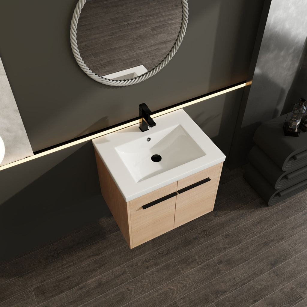 Bathroom Vanity Set with Resin Countertop Sink and 2 Doors - Light Brown Oak