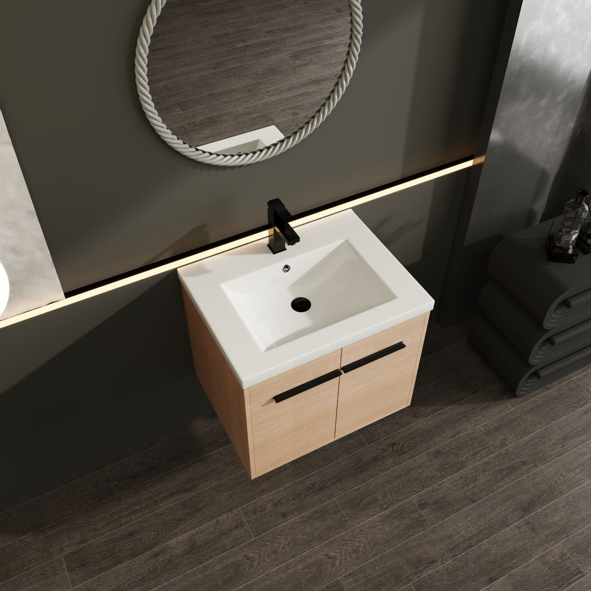 Bathroom Vanity Set with Resin Countertop Sink and 2 Doors - Light Brown Oak