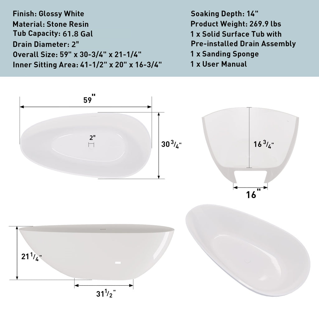 59" Freestanding Solid Surface Bathtub with Overflow Drain - Glossy White