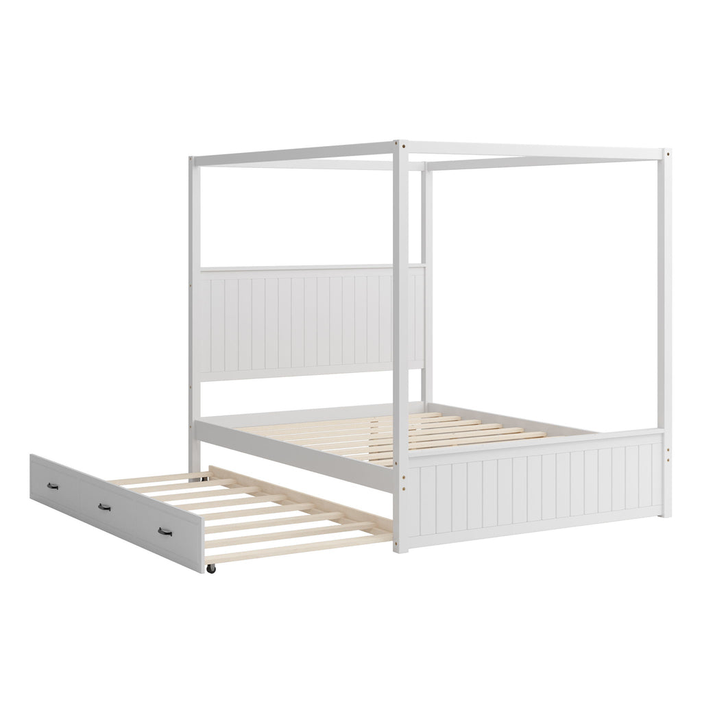 Canopy Platform Bed with Trundle and 3 Storage Drawers - Queen, Solid Pine
