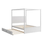 Canopy Platform Bed with Trundle and 3 Storage Drawers - Queen, Solid Pine