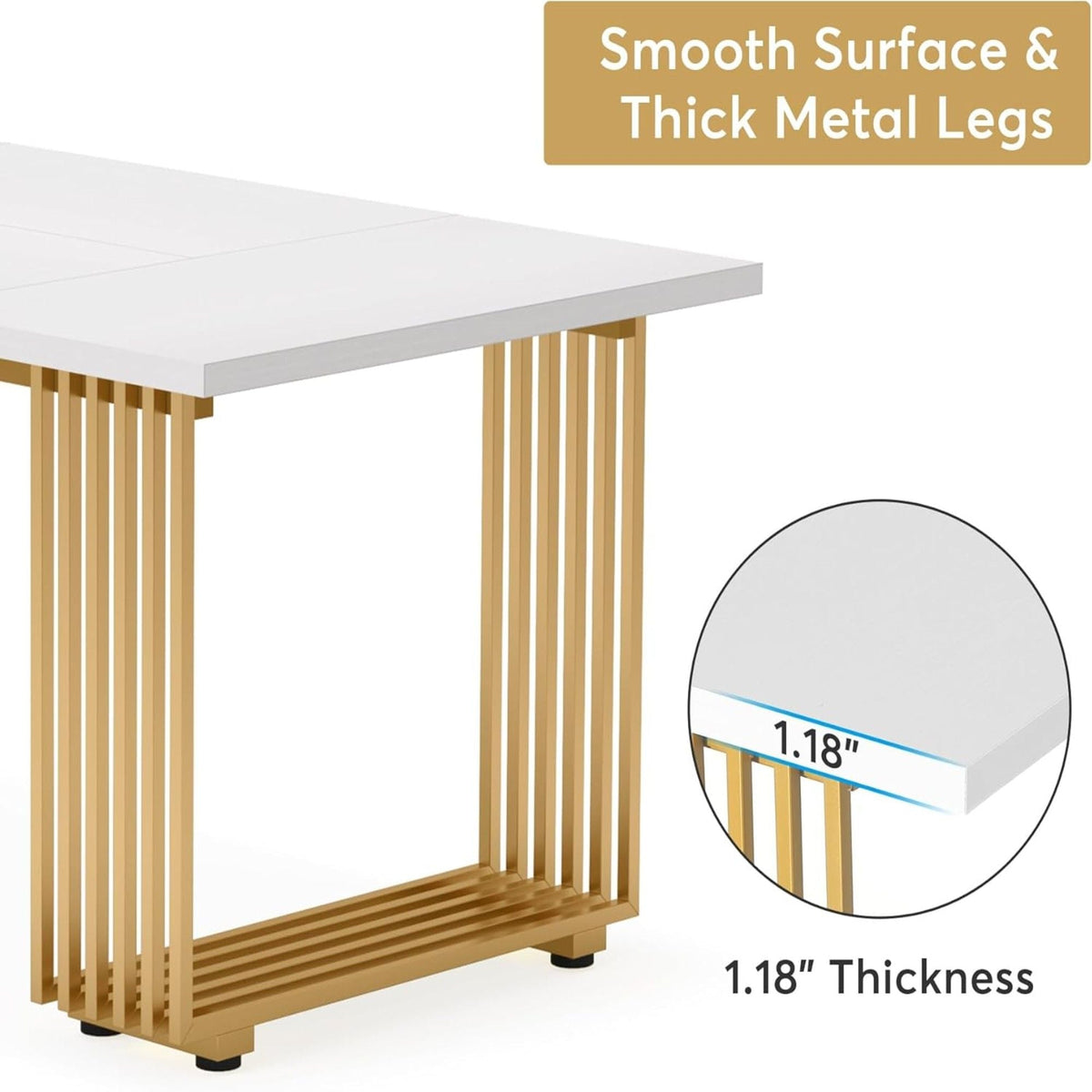White Executive Desk with Gold Metal Legs - 70.87" Wide