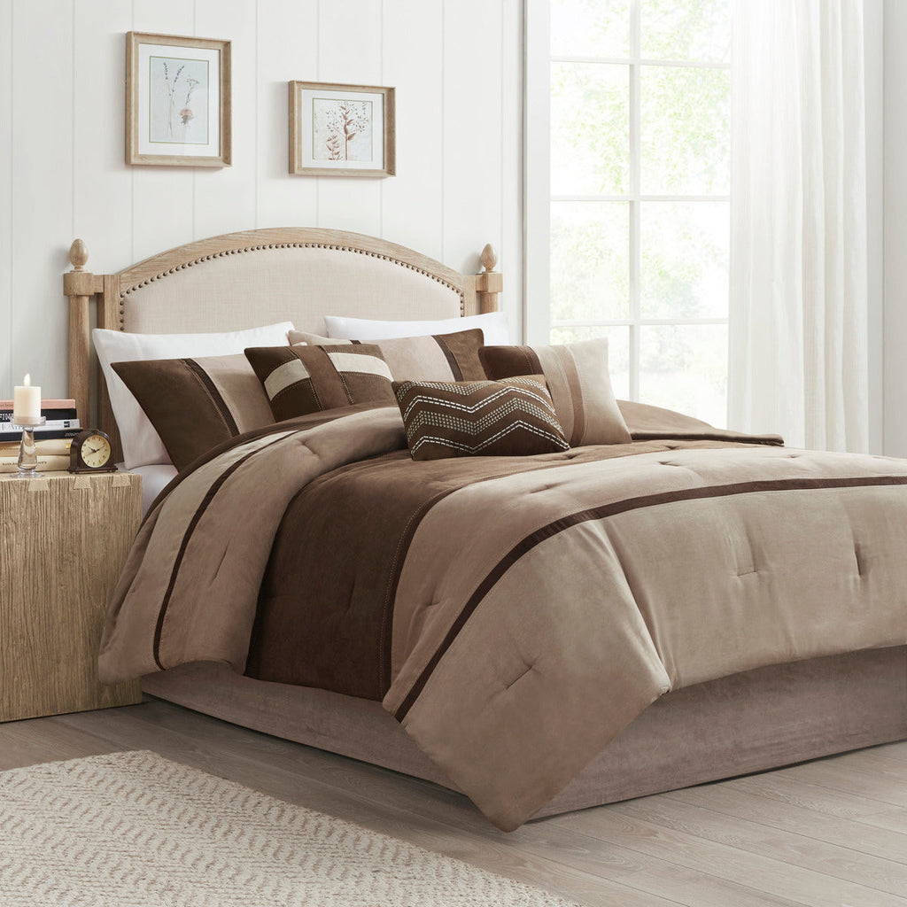 7 Piece Faux Suede Comforter Set with Decorative Pillows - Brown