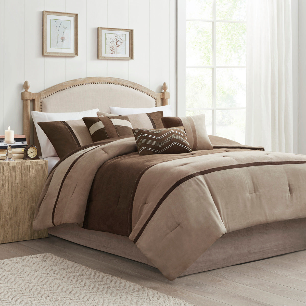 7 Piece Faux Suede Comforter Set with Decorative Pillows - Brown