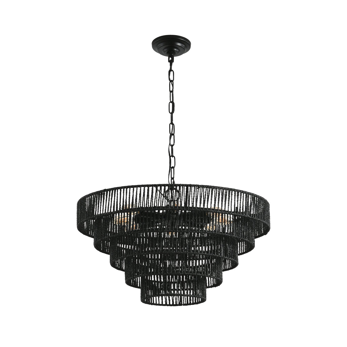 Rustic 5-Tier Hemp Rope Chandelier with 8 Lights - Black