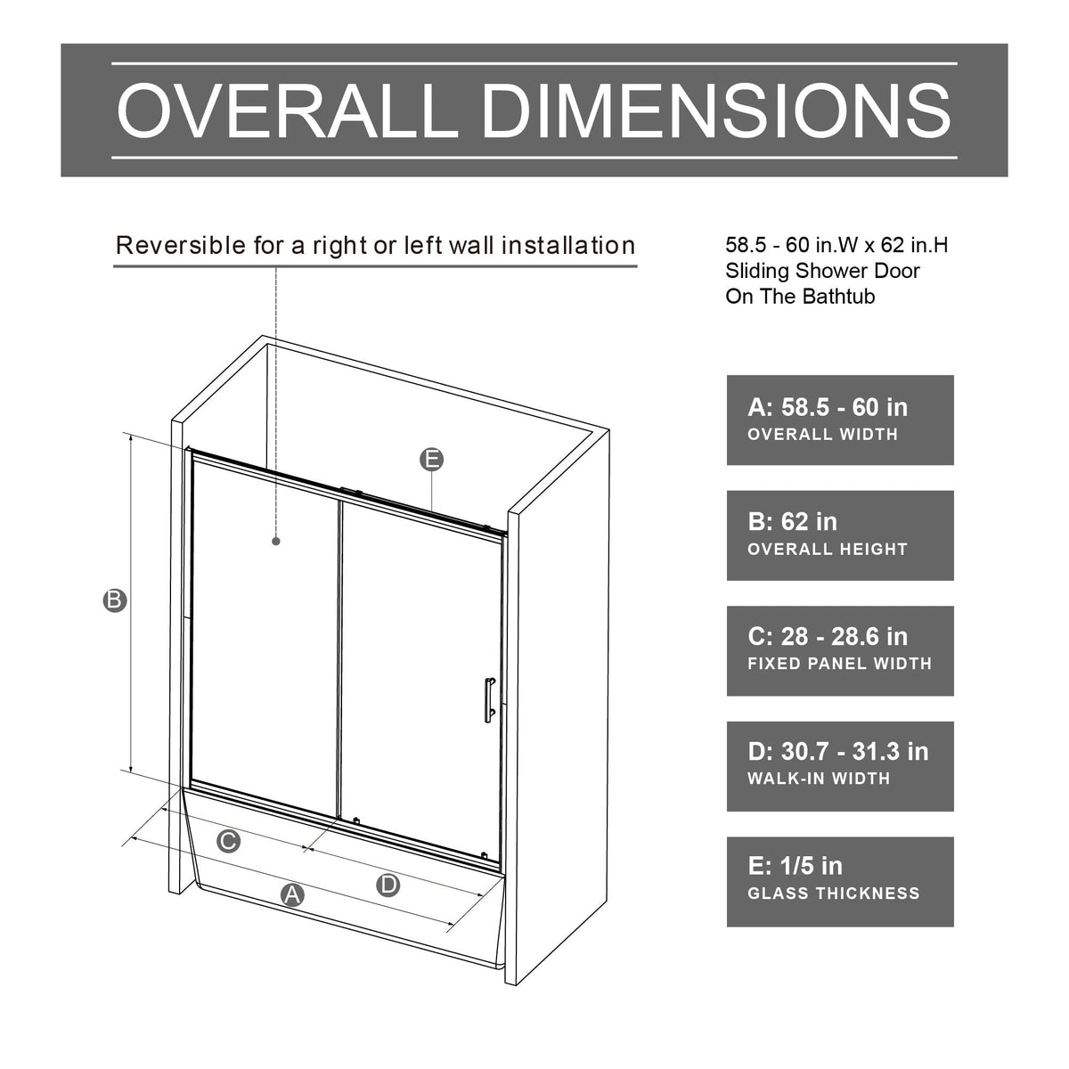 Single Sliding Shower Door for Bathtub with Chrome Handle - Chrome