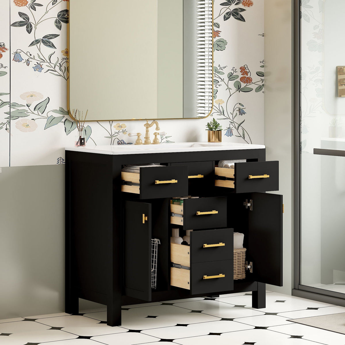 Modern Bathroom Vanity With 36" Resin Sink – 4 Drawer Storage Cabinet