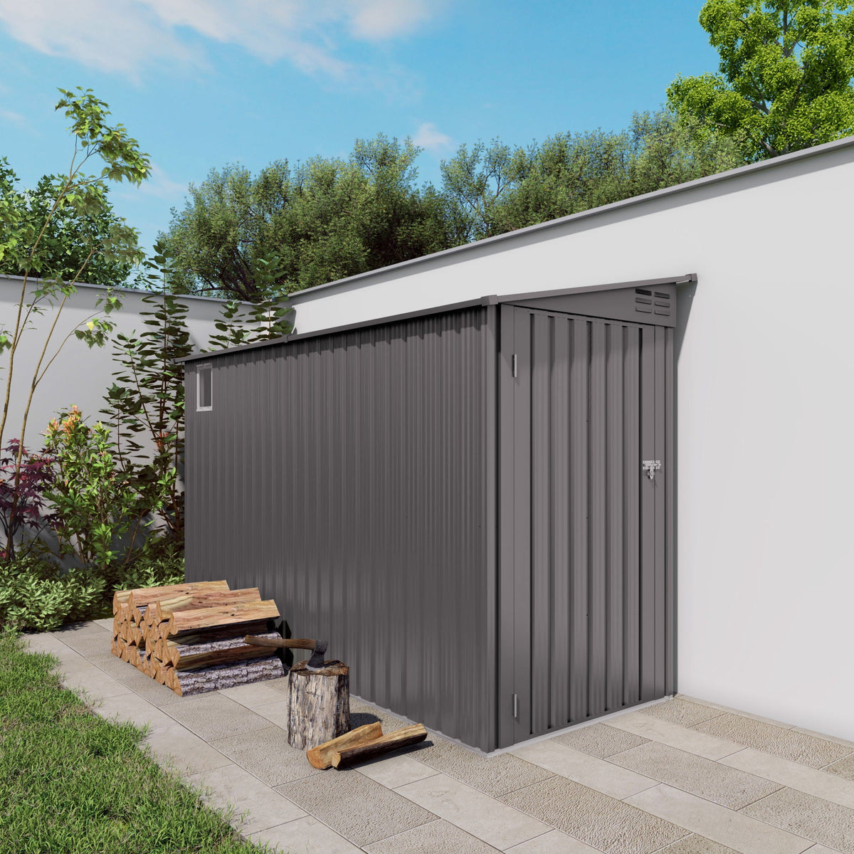 Lean-To Storage Shed with Windows and Sloping Roof - Gray