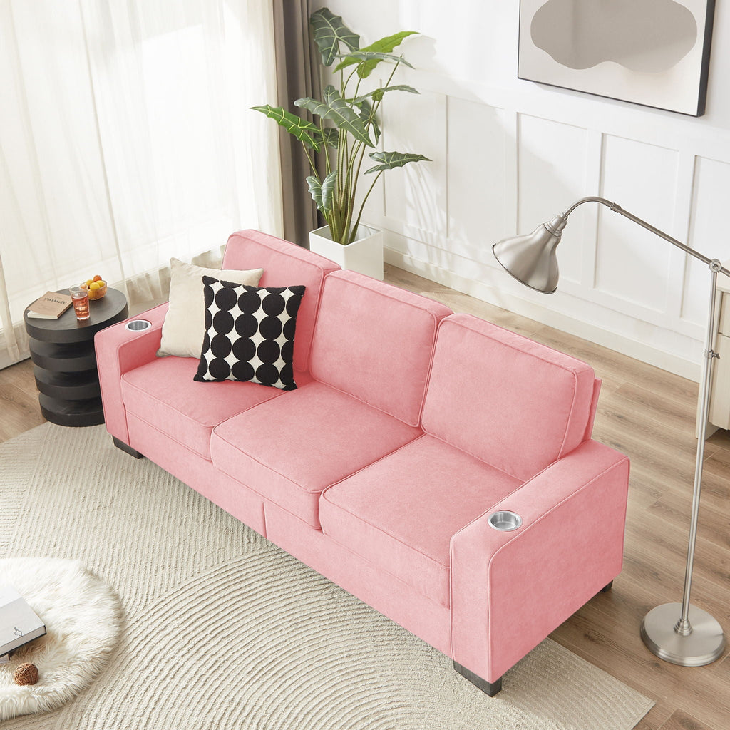 Modern Snowfleece Fabric 3 Seater Sofa with Cup Holder – Pink
