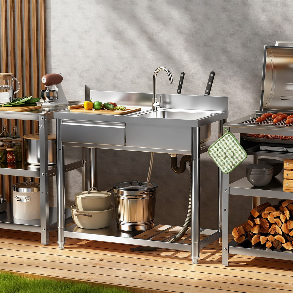 Stainless Steel Outdoor Utility Sink with Workbench & 360° Faucet - Silver