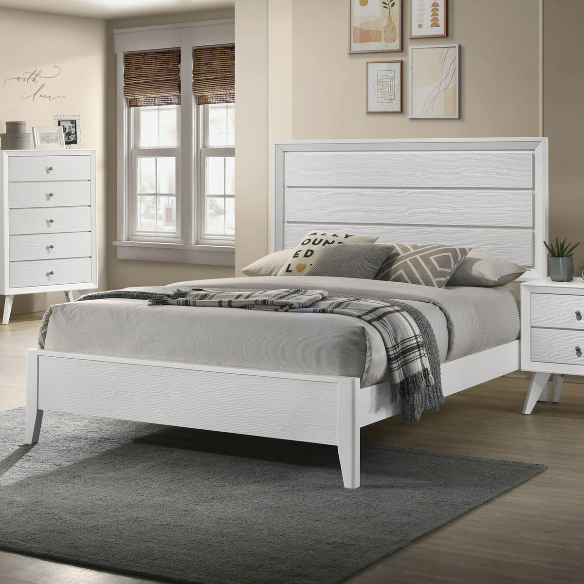 Modern Bed Frame with Wave Texture Headboard and Angled Legs - White