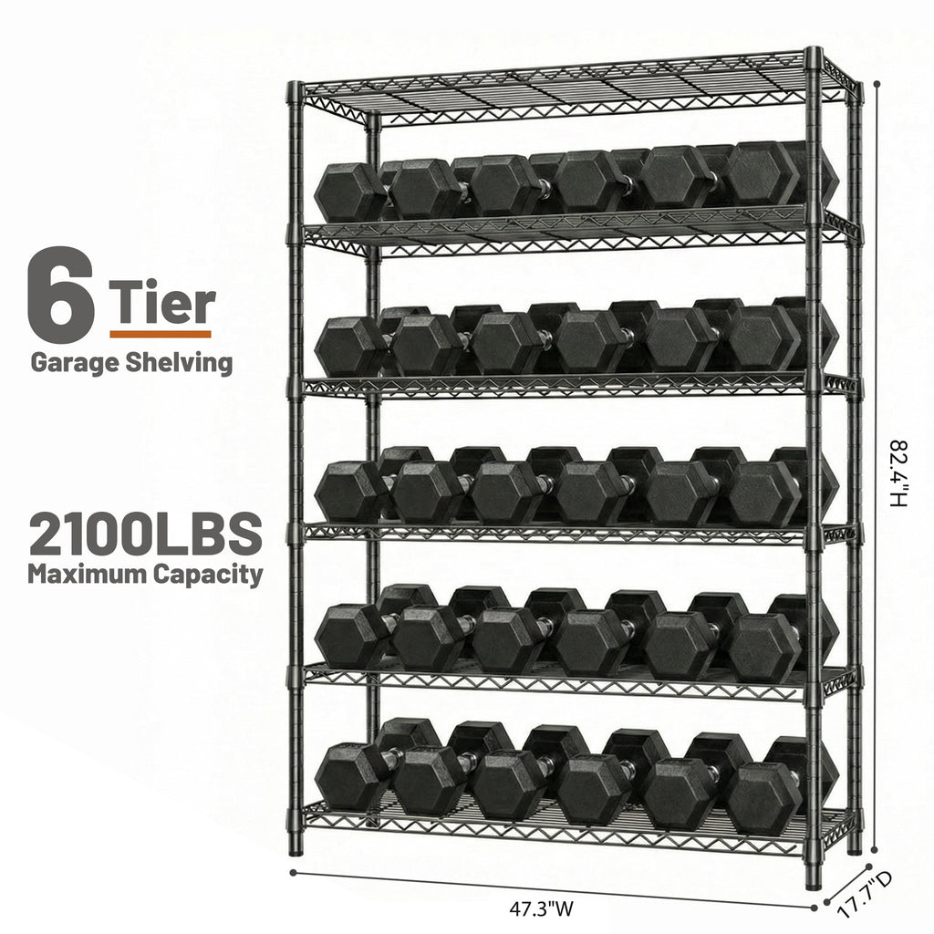 6-Tier Metal Storage Shelves with 2100LBS Capacity - Carbon Steel