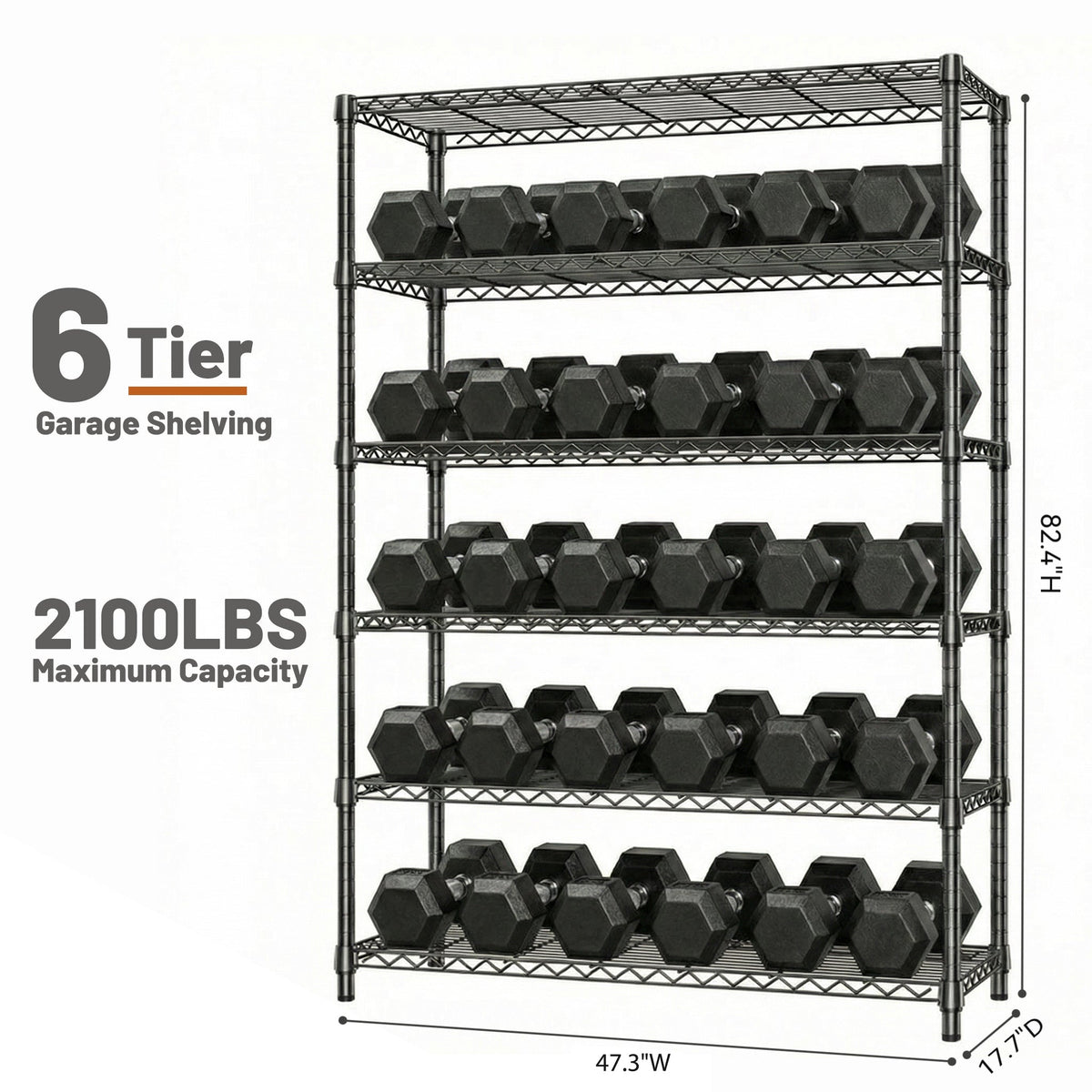 6-Tier Metal Storage Shelves with 2100LBS Capacity - Carbon Steel
