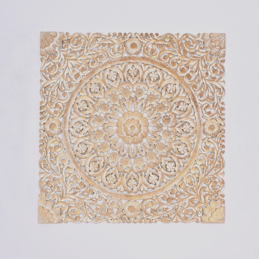 Floral Hand Carved Mandala Square Wall Decor with Spiritual Symbolism - Gold / White