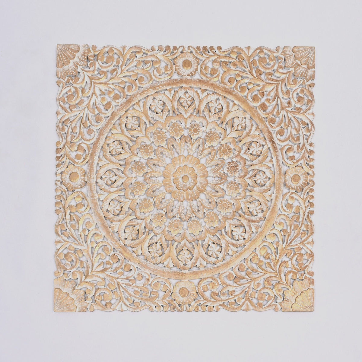Floral Hand Carved Mandala Square Wall Decor with Spiritual Symbolism - Gold / White
