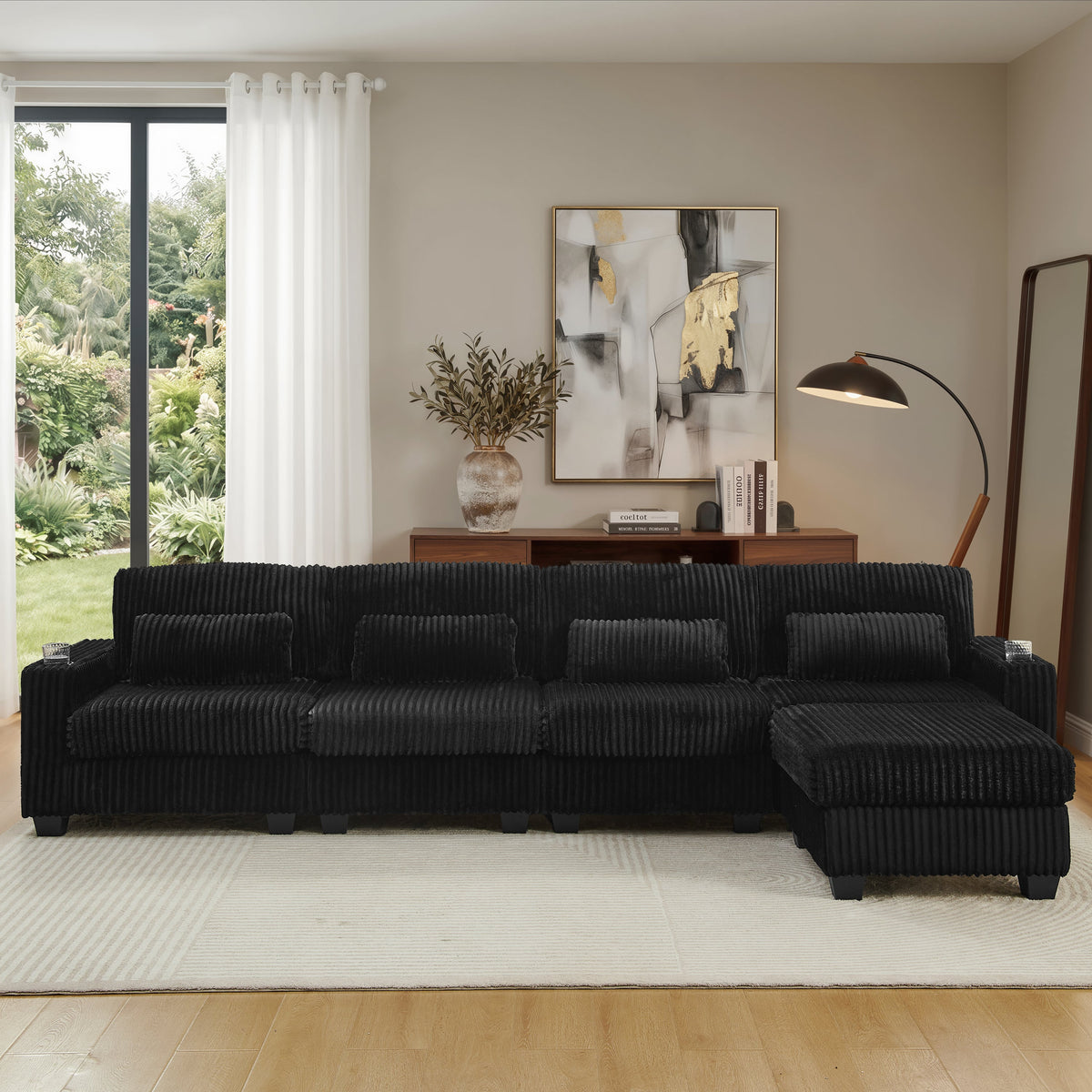 L-Shaped Corduroy Modular Sectional Sofa with Detachable Footrest - Black