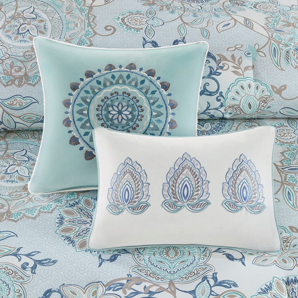 8 Piece Cotton Floral Reversible Comforter Set with Decorative Pillows - Blue