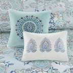 8 Piece Cotton Floral Reversible Comforter Set with Decorative Pillows - Blue