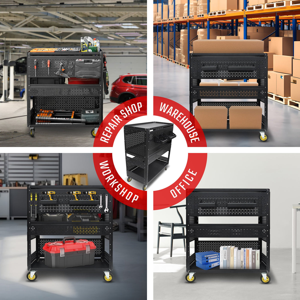 3-Tier DIY Detachable Utility Cart with Steel Pegboard and Wheels