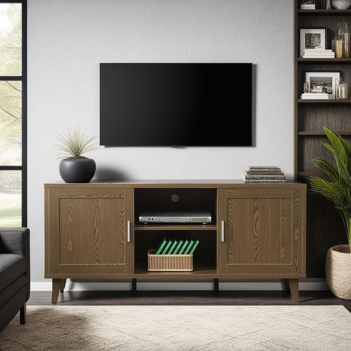 Modern 60 Inch TV Stand with Storage & Cable Management - Walnut