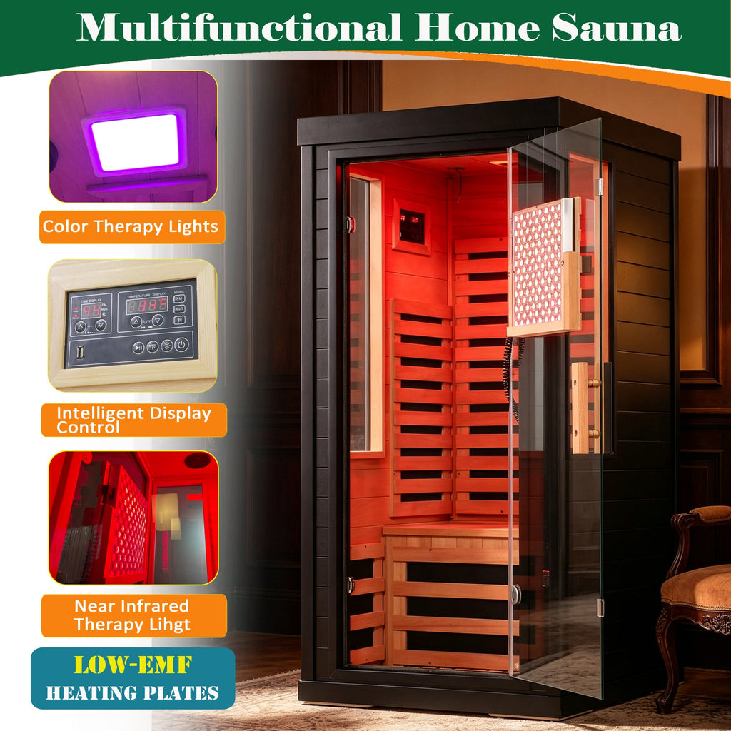 One-Two Person Far Infrared Sauna with 7-Color Therapy Lighting - Solid Wood