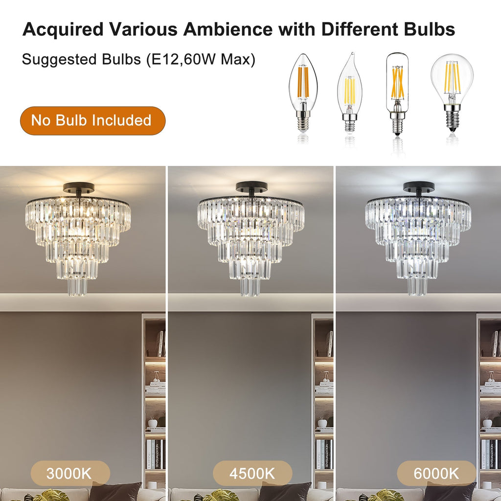 20-Inch Black Crystal Chandelier with K9 Crystals - Modern Flush Mount - Black