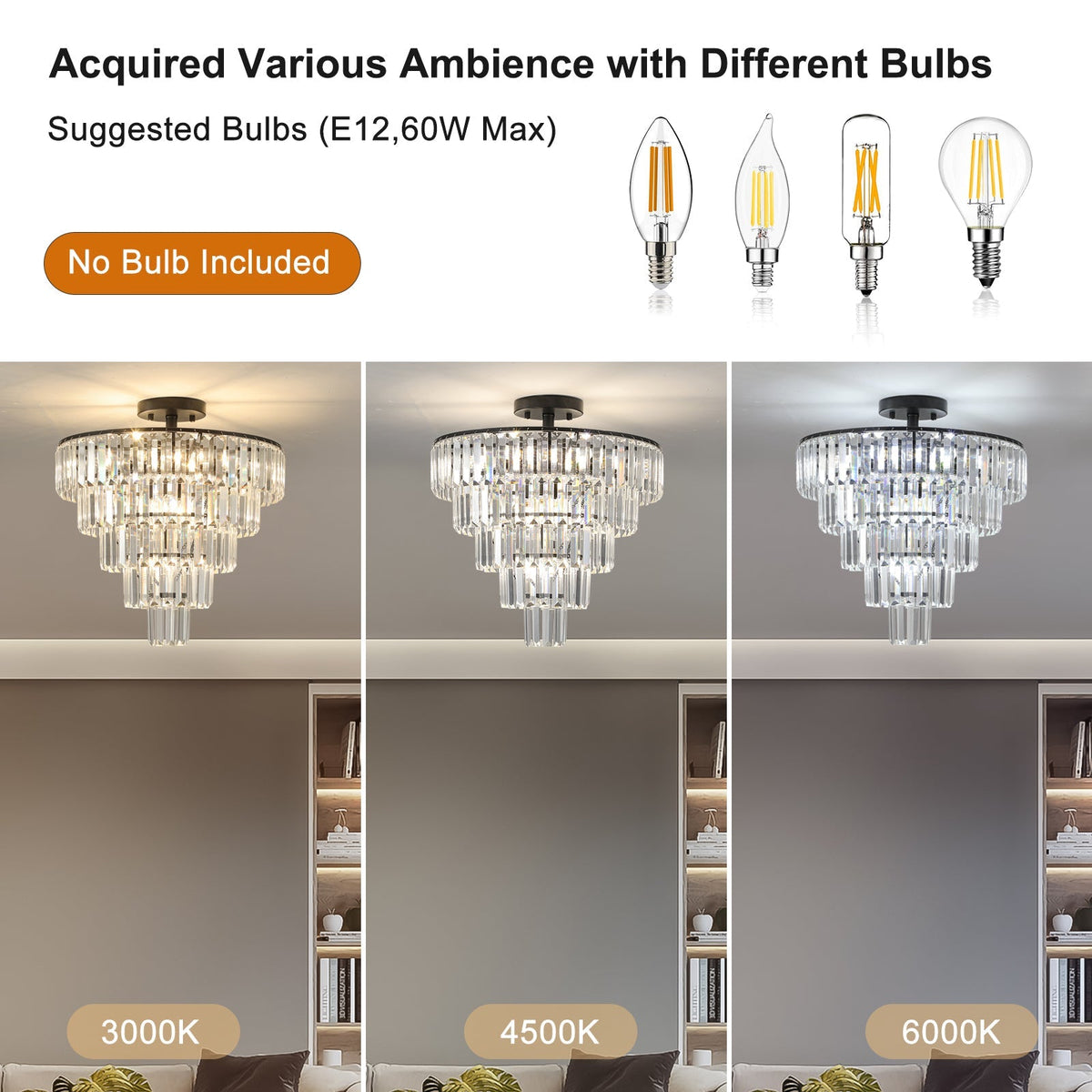 20-Inch Black Crystal Chandelier with K9 Crystals - Modern Flush Mount - Black