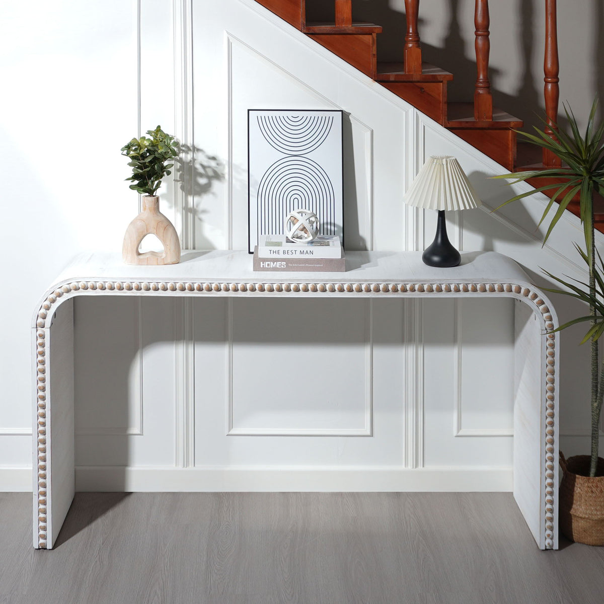 Waterfall Console Table with Seamless Curved Design - Light Brown, White, Black