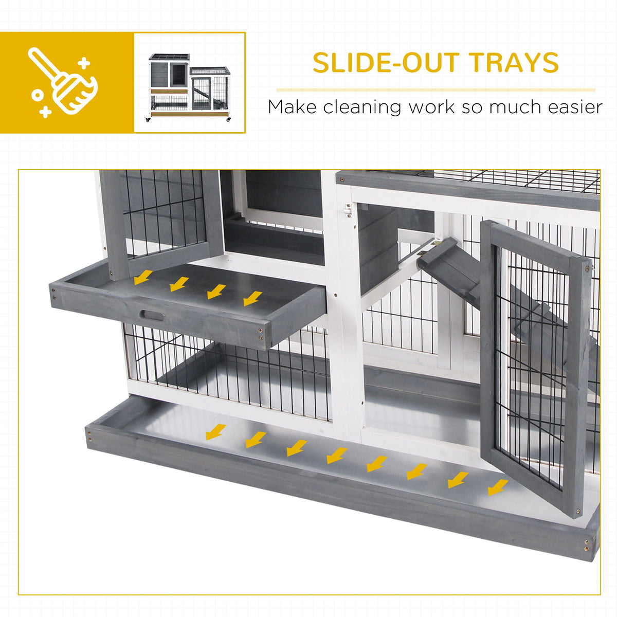 Wooden Rabbit Hutch with Wheels and Removable Tray - Gray