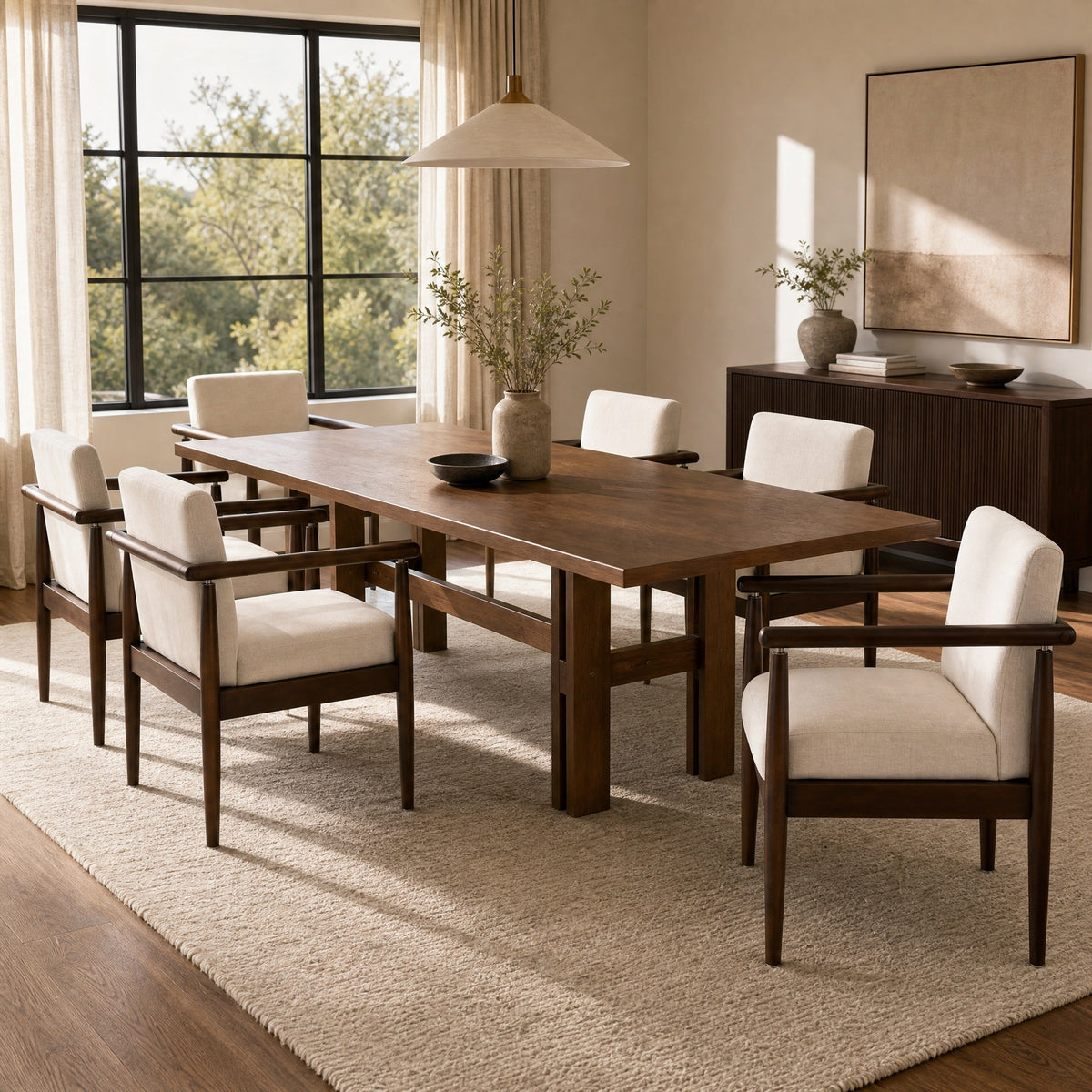 7-Piece Dining Table Set, Mid-Century Rubber Wood