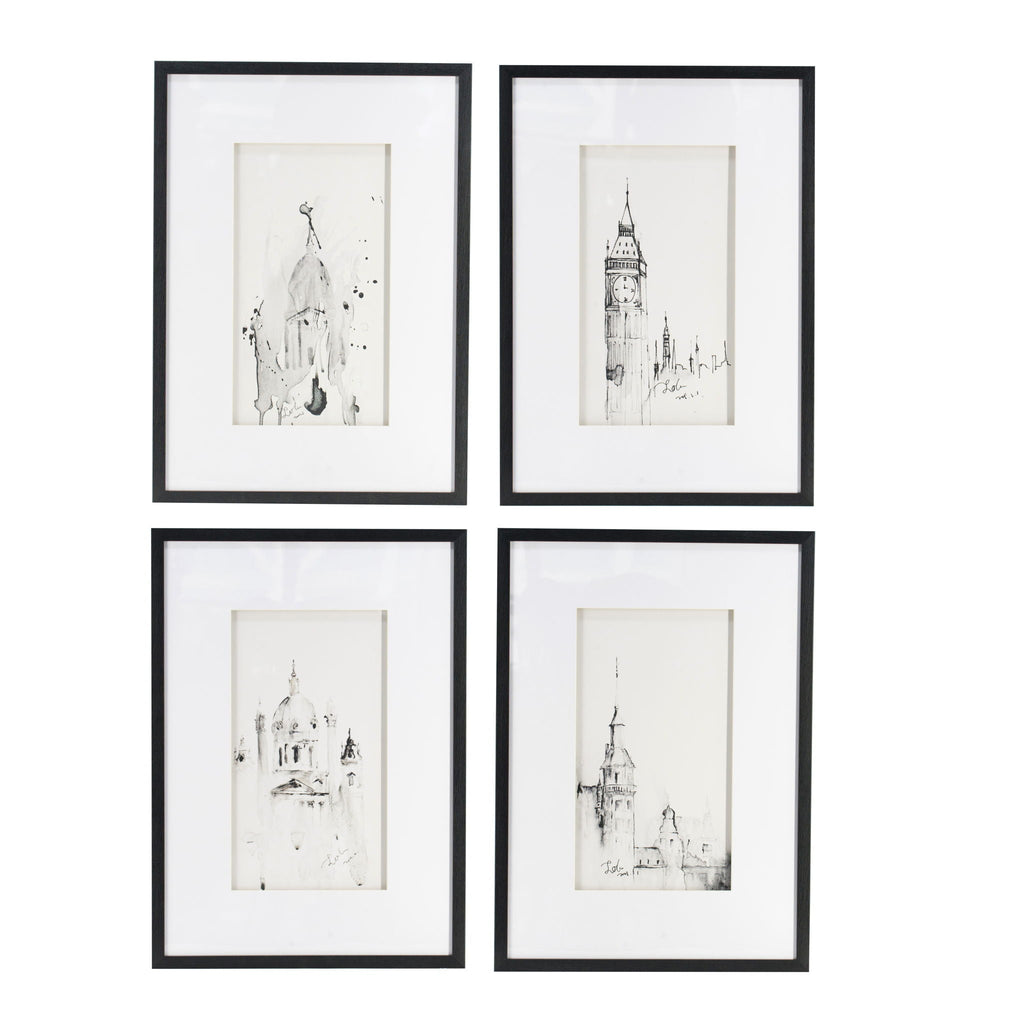 Architecture Wall Art Prints Set of 4 with Black Frame - White / Black