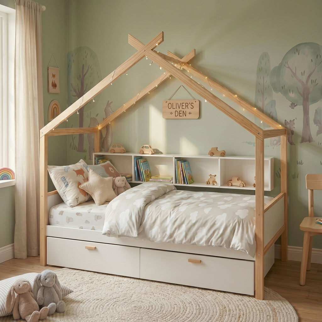 House Bed With Bookshelf Storage and Integrated Shelves - White