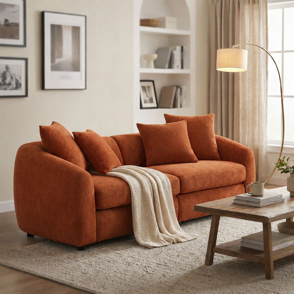 Modern Curved 3 Seater Velvet Sofa with Sturdy Wood Frame - Orange or Camel