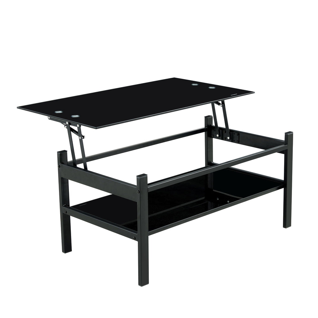 Glass Lift Top Coffee Table with Storage Shelf - Black