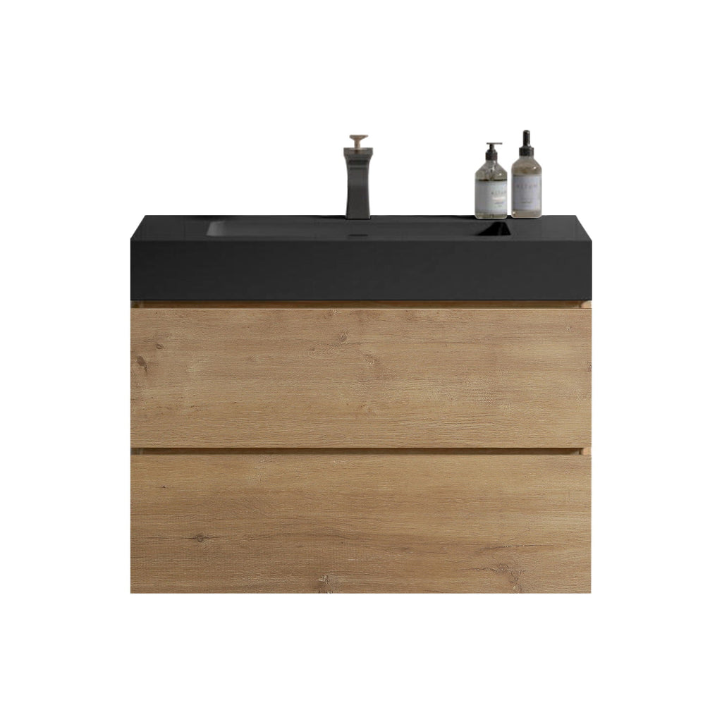 Natural Oak Bathroom Vanity with Floating Quartz Sink - Light Brown