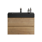 Natural Oak Bathroom Vanity with Floating Quartz Sink - Light Brown