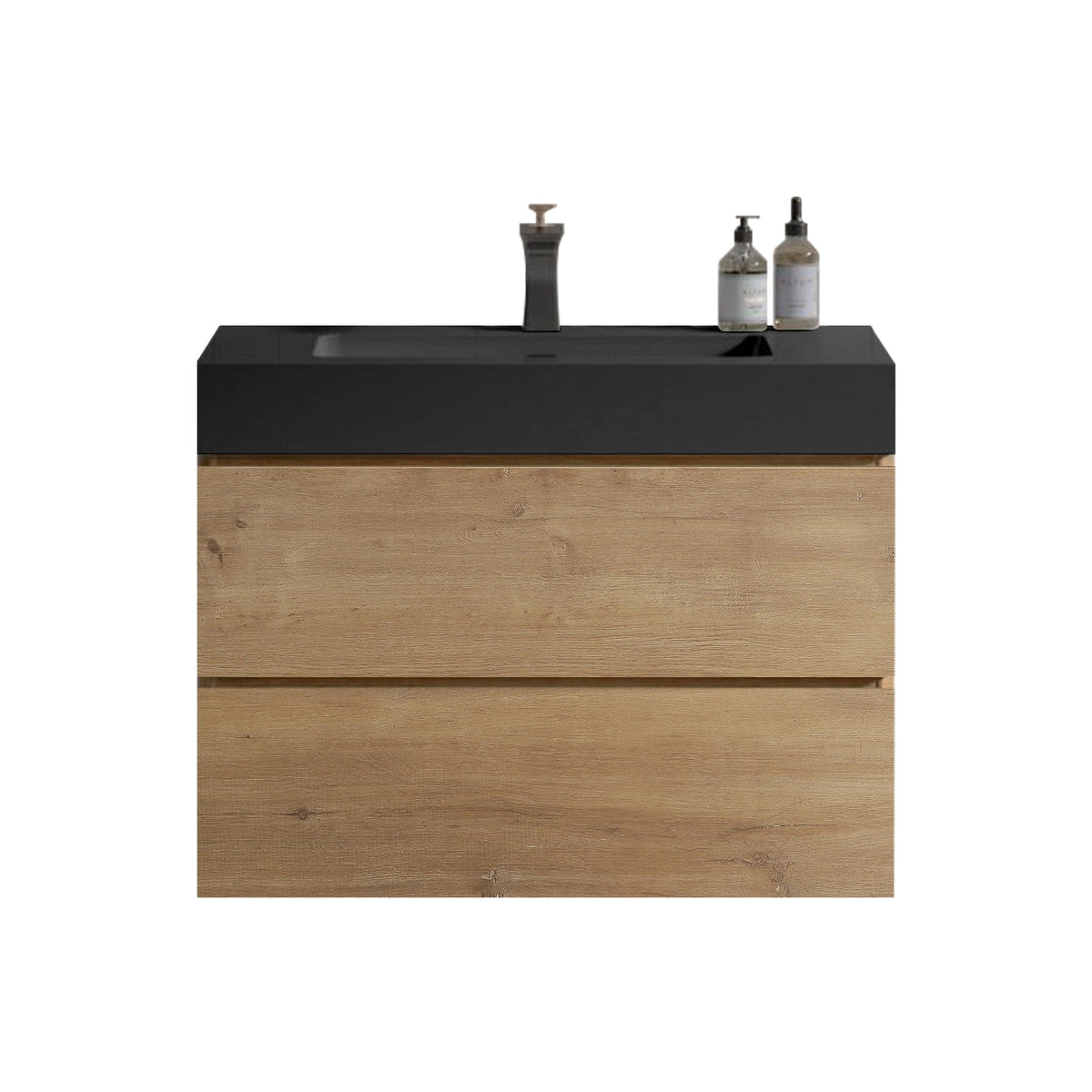Natural Oak Bathroom Vanity with Floating Quartz Sink - Light Brown