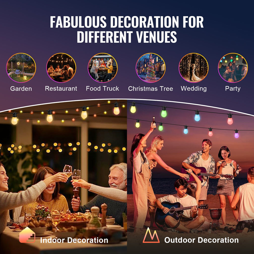 RGB Outdoor String Lights with App Control, 50FT - Multi-Color